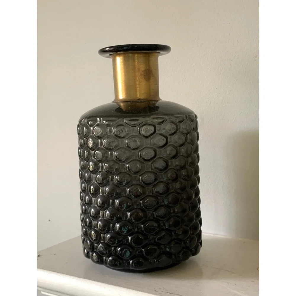 Smoky Gray Textured Glass Vase with‎ Gold Neck Mid Century Modern Decor 9.5